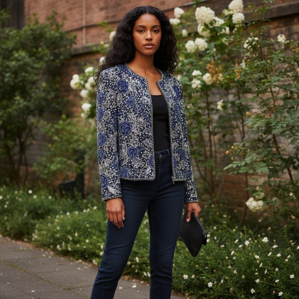 Vintage Chunky Beaded Blue and Silver Sequin Jacket | Floral Motif | Tag Size Me